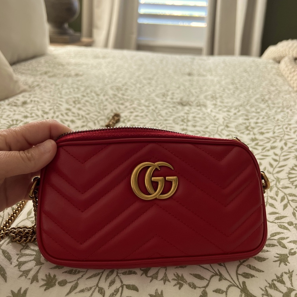 Gucci GG Marmont Red Leather Mini Zip Crossbody